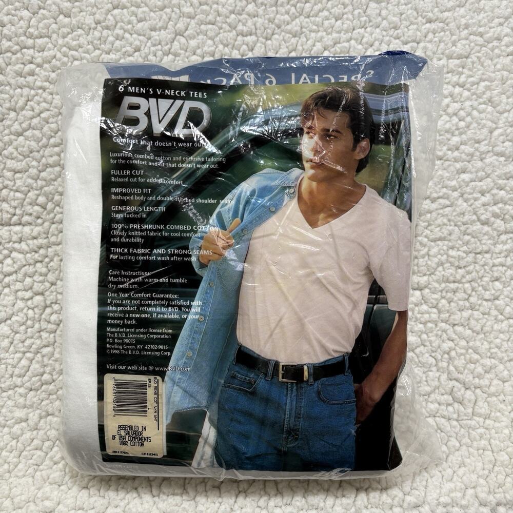 Vintage NEW BVD Special 6 Pack Mens V-Neck T-Shirts Sz L White NOS 1998 Unopened - Picture 2 of 2